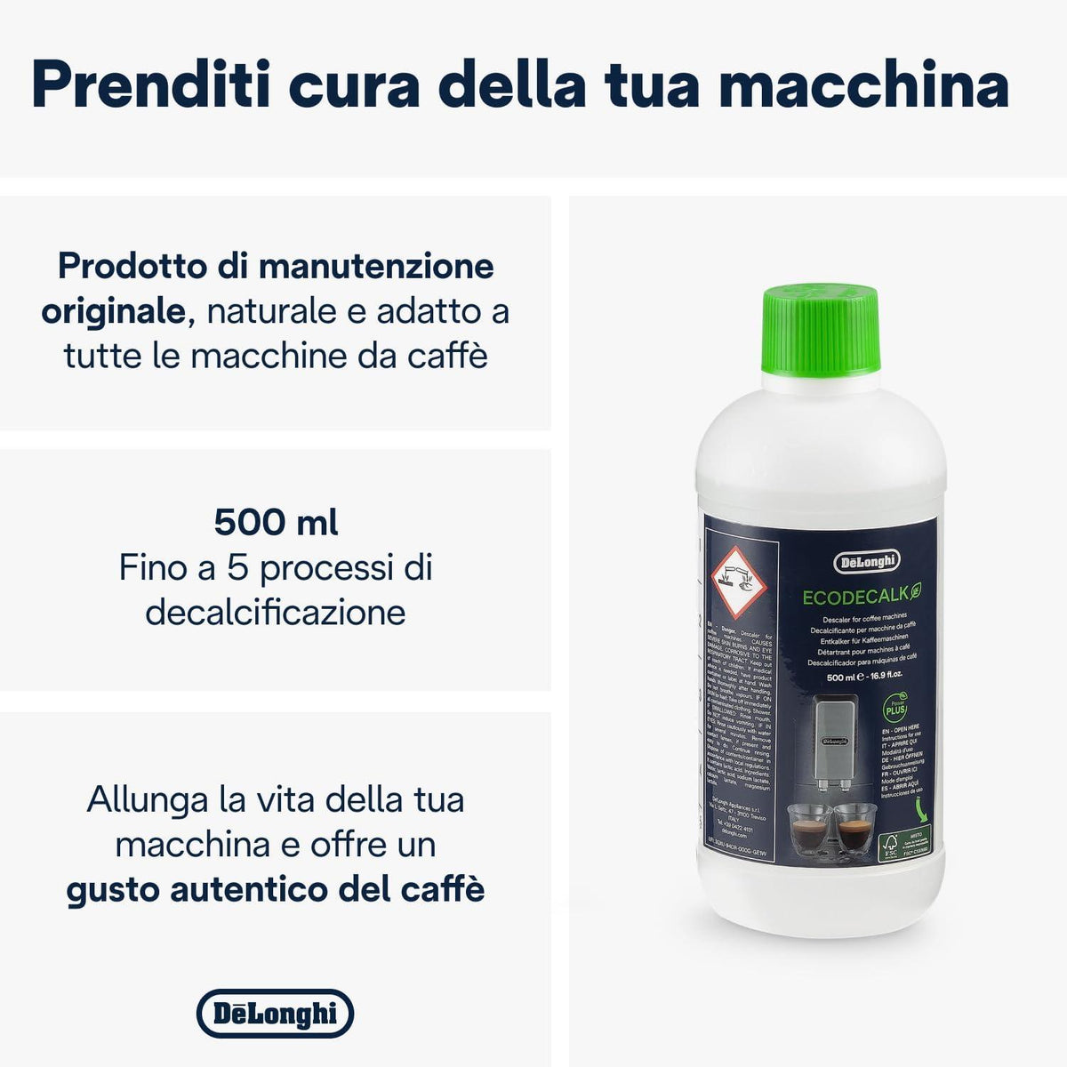 Bottiglia DeLonghi EcoDecalk 500 ml liquido decalcificante per macchine da caffè con tappo verde