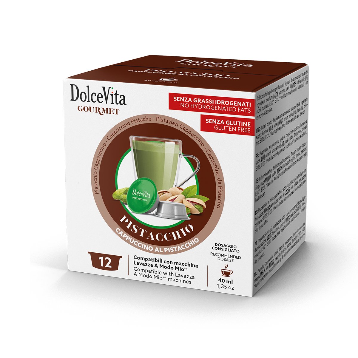 Confezione di capsule Dolce Vita gusto pistacchio compatibili con Lavazza A Modo Mio