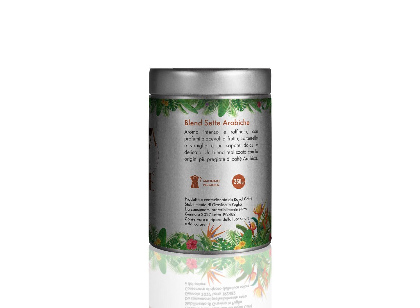 Barattolo metallo 250g caffè macinato moka Blend Sette Arabiche con decorazioni floreali tropicali