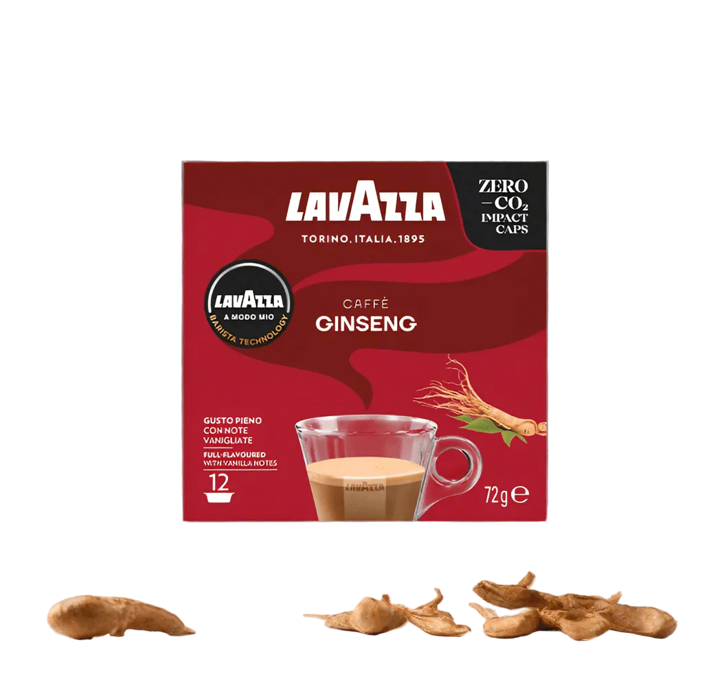 Confezione Lavazza Caffè Ginseng con tazza di caffè e radici di ginseng su sfondo neutro