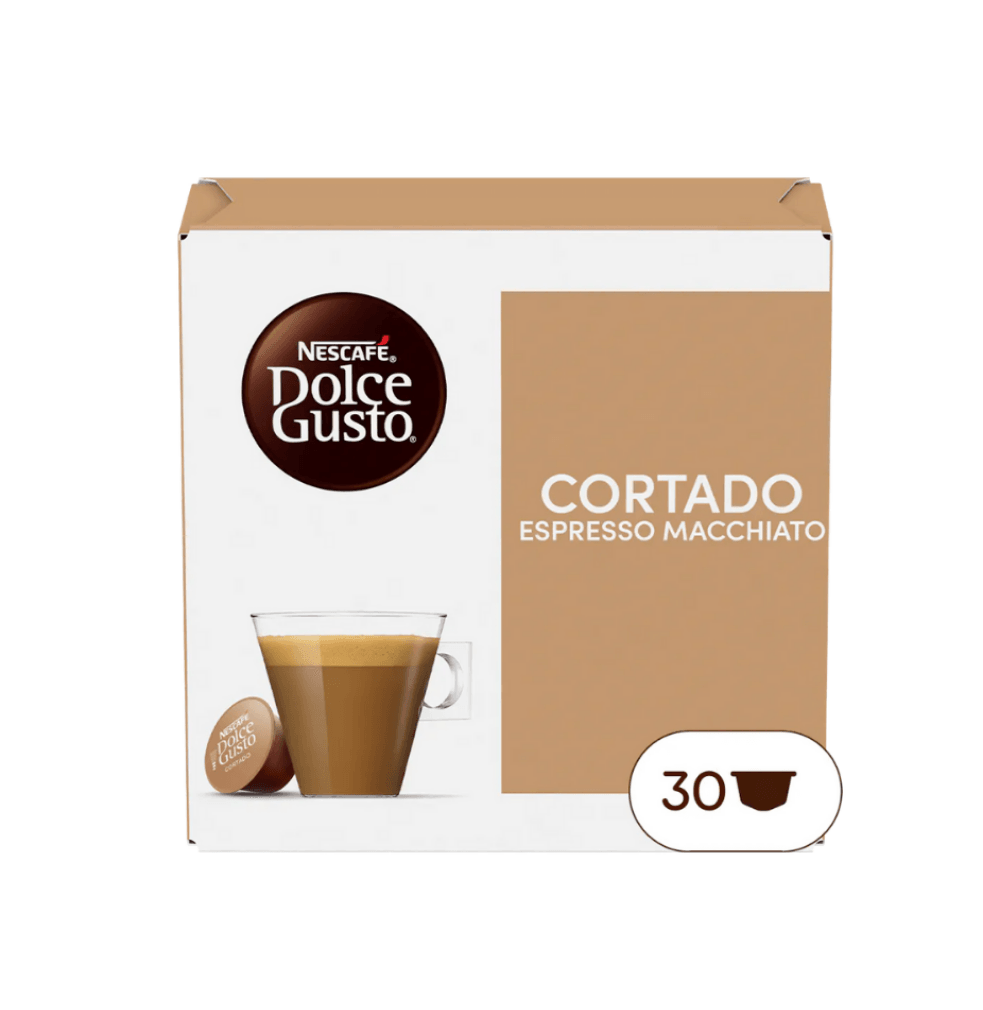 Confezione capsule Nescafé Dolce Gusto Cortado Espresso Macchiato da 30 capsule con immagine caffè macchiato in tazza rasparente