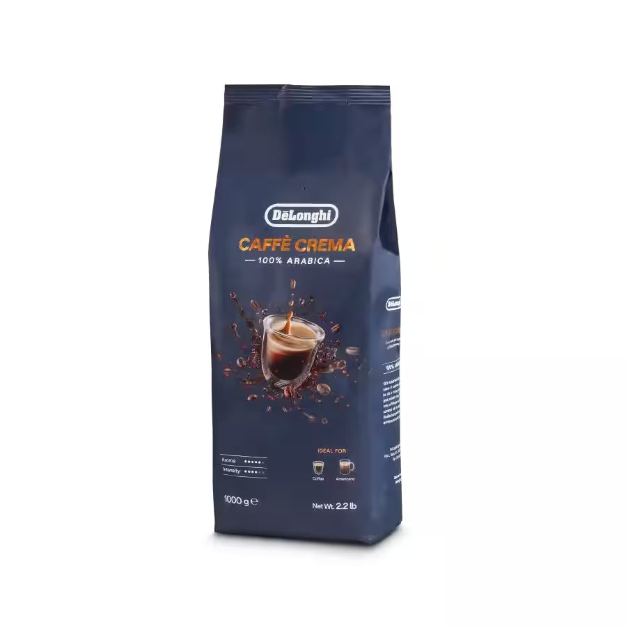 Confezione blu di caffè DeLonghi Caffè Crema 100% Arabica da 1000g con immagine di tazza e chicchi