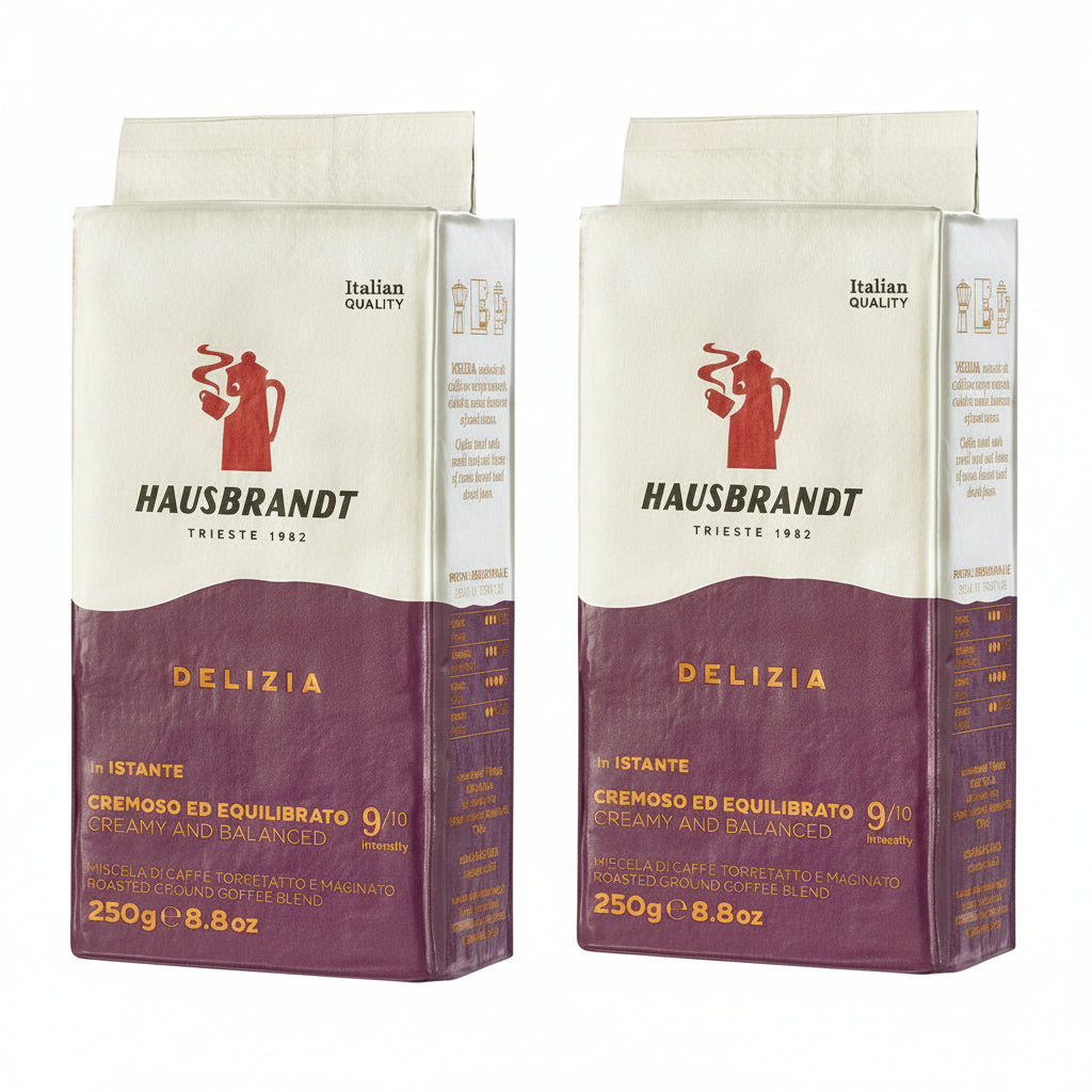 Due confezioni di caffè macinato Hausbrandt Delizia da 250g in confezione bianca e viola