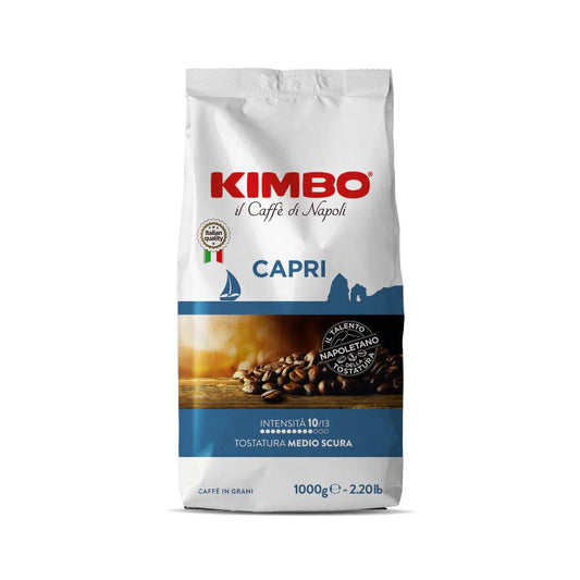 Confezione da 1kg di caffè in grani Kimbo Capri, tostatura medio scura, intensità 10/13