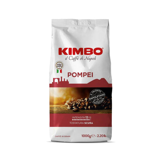 Confezione di caffè in grani Kimbo Pompei da 1000g con tostatura scura e intensità 12/13