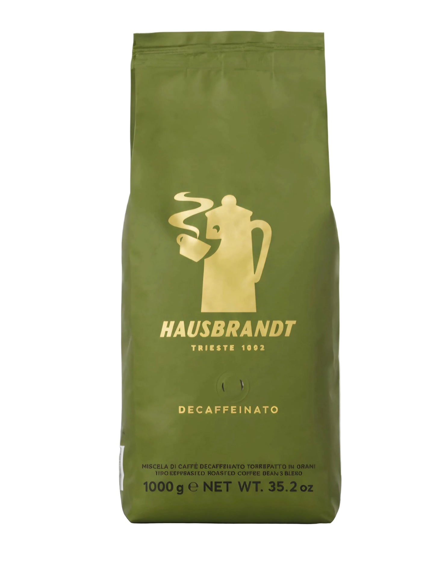 Sacco verde da 1 kg di caffè decaffeinato in grani Hausbrandt, confezione per espresso.