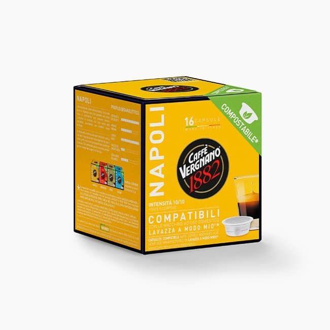 Confezione gialla di capsule compatibili Caffè Vergnano 1882 Napoli, 16 capsule compostabili
