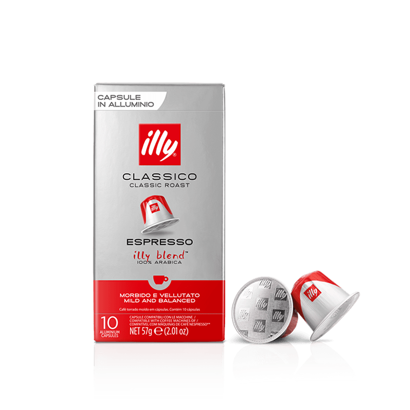 Confezione capsule caffè illy Classico espresso in alluminio con due capsule rosse e argento Nespresso