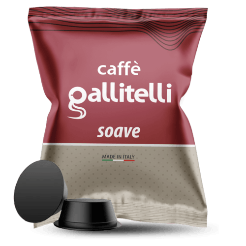 Confezione marrone e beige di Caffè Gallitelli Soave con capsule caffè nere Made in Italy