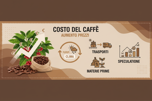 Infografica aumento costo caffè con fattori clima, trasporti, materie prime e speculazione prezzi