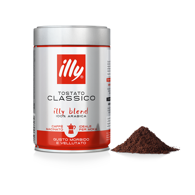 Barattolo di caffè macinato illy tostato classico con polvere di caffè accanto, ideale per moka