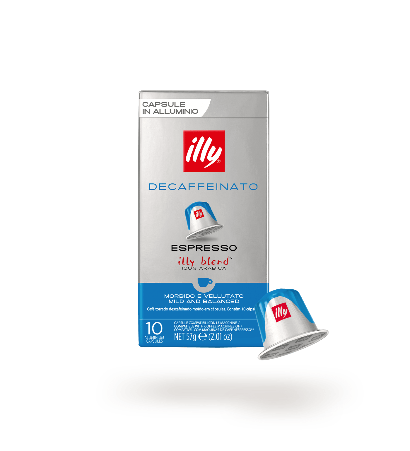 Confezione di capsule in alluminio Illy decaffeinato espresso blend 100% Arabica, gusto morbido e vellutato