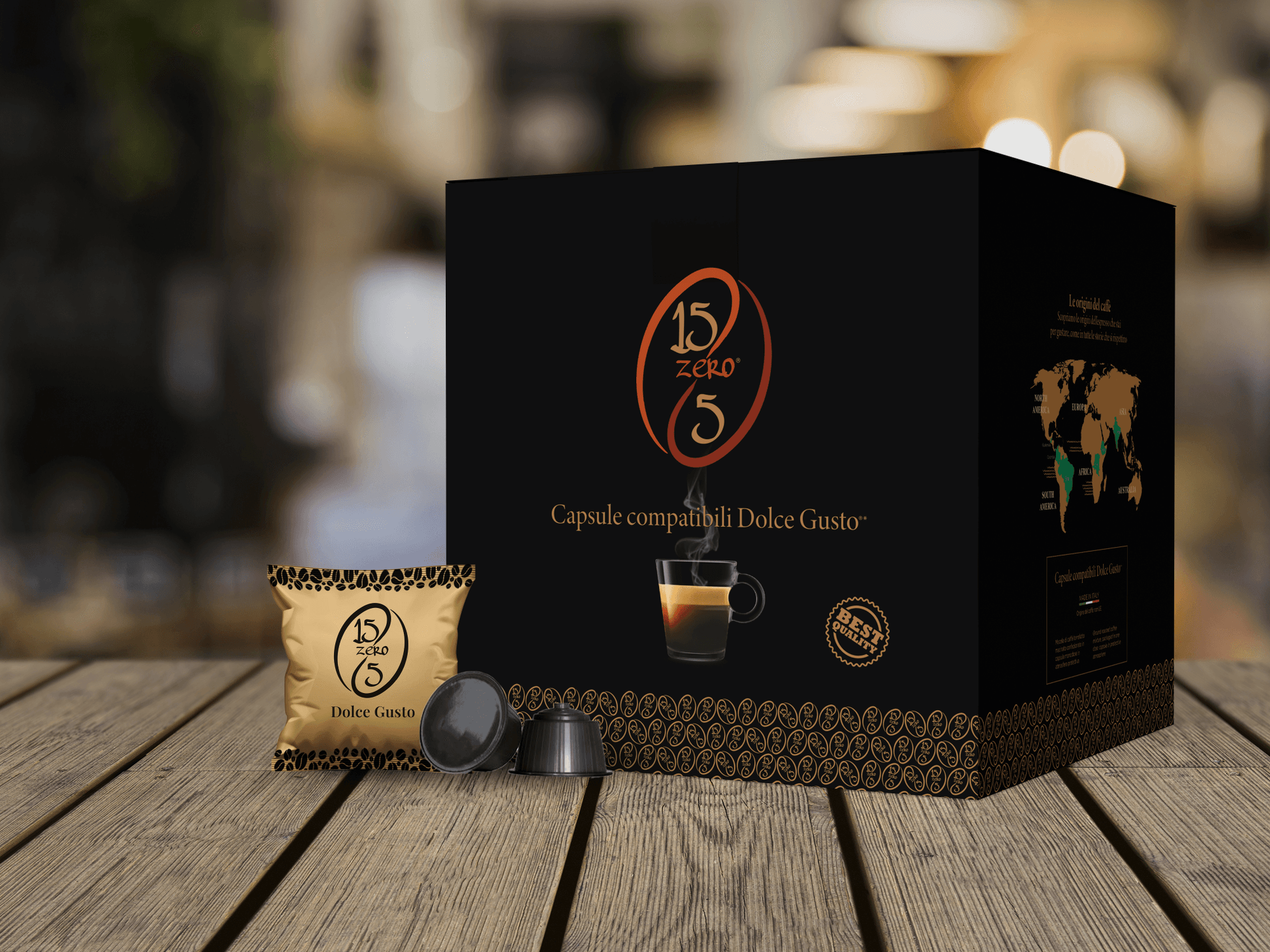 Confezione nera e oro capsule 15Zero5 compatibili Dolce Gusto con tazzina di caffè crema fumante