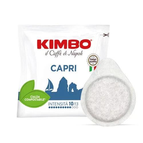 Cialda caffè Kimbo Capri compostabile, intensità 10, confezione bianca con logo rosso e grafica Blu mare