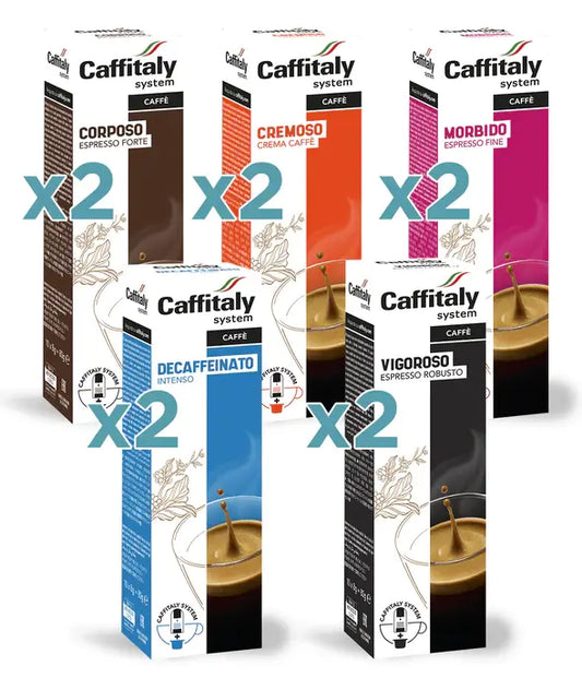 box degustazione capsule compatibili caffitaly system. 2 cremoso, 2 corposo, 2 dek, 2 vigoroso, 2 morbido