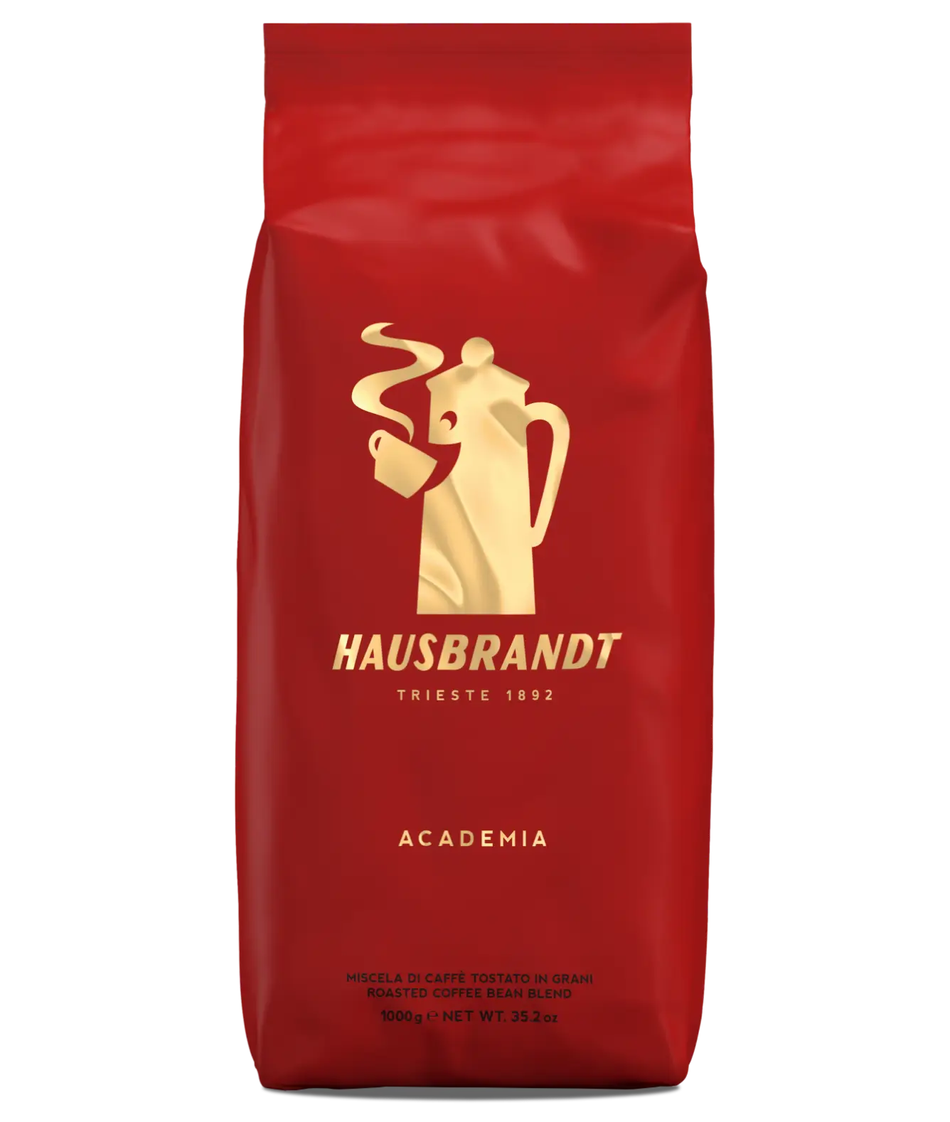 Confezione rossa di caffè in grani Hausbrandt Academia da 1kg, miscela tostata.