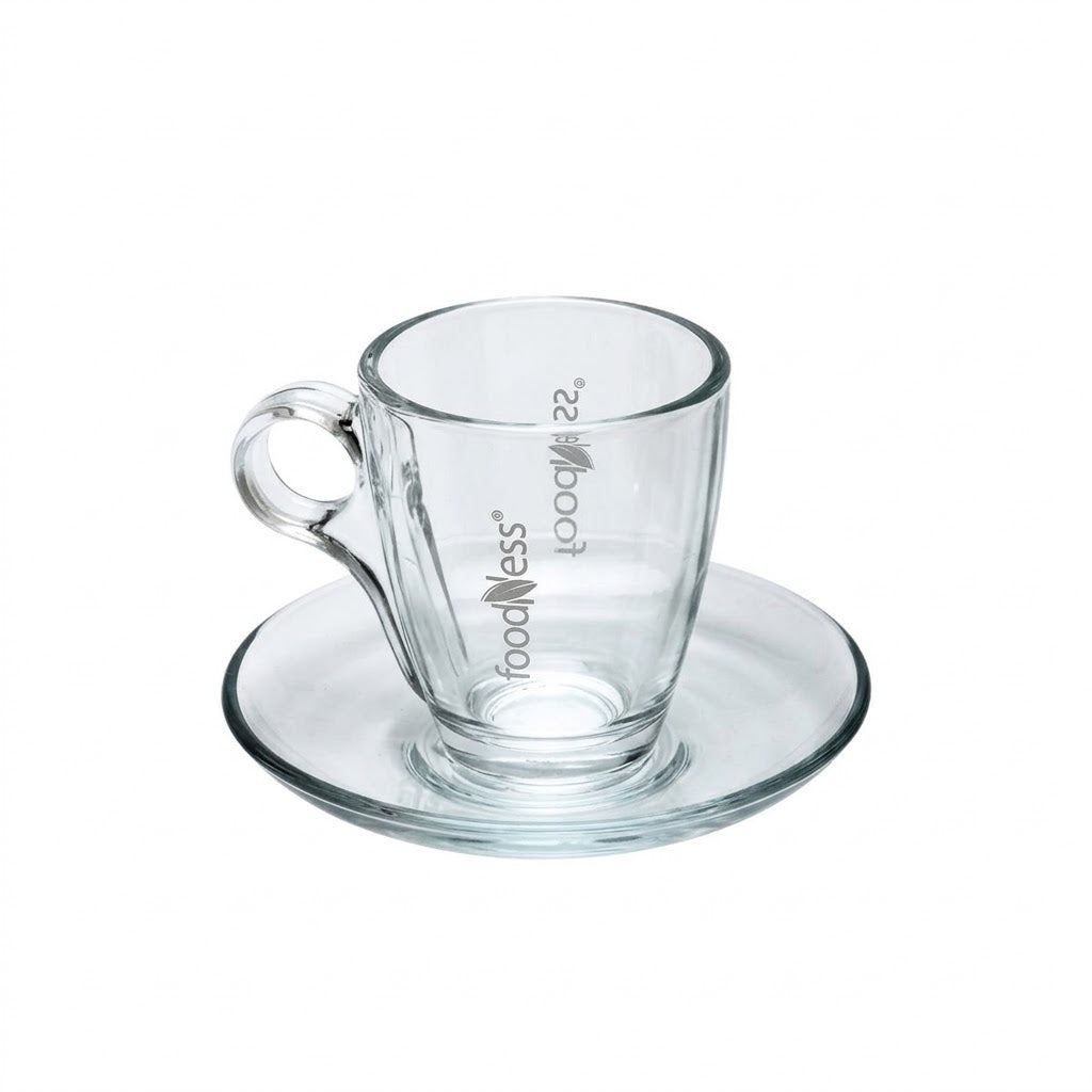 Tazza in vetro trasparente con piattino coordinato a marchio FoodNess