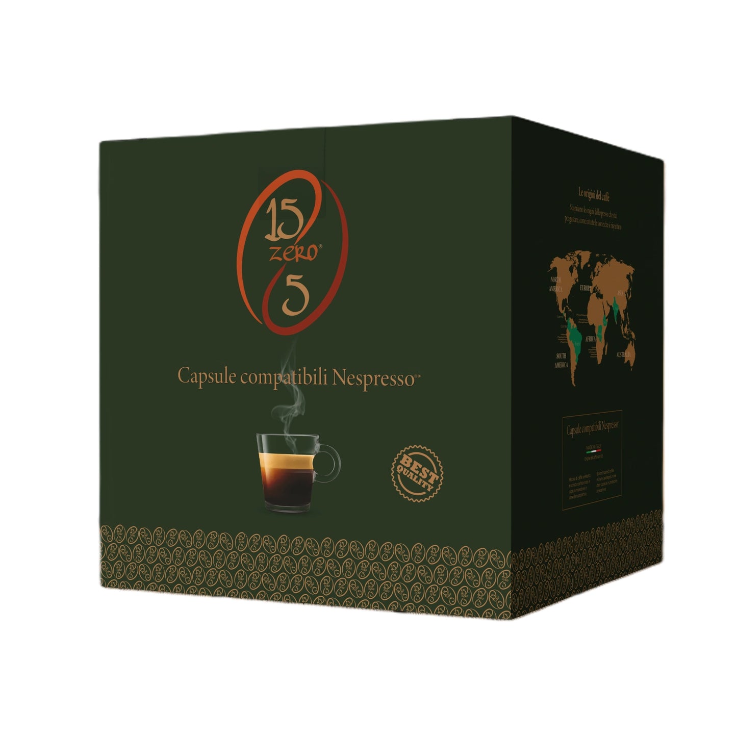 Scatola 100 capsule caffè 15zero5 compatibili nespresso, sfondo bianco