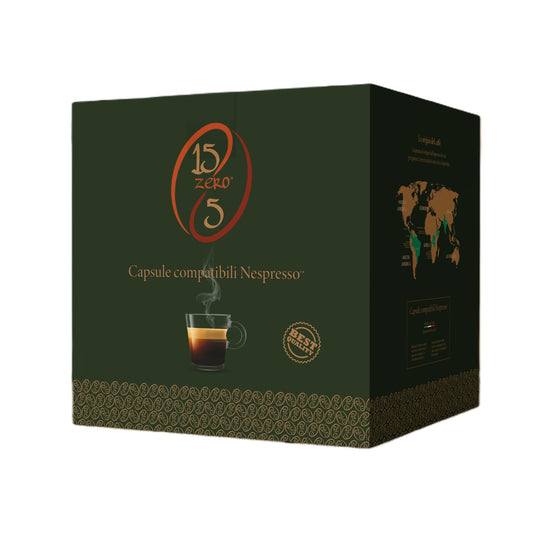 Scatola 100 capsule caffè 15zero5 compatibili nespresso, sfondo bianco