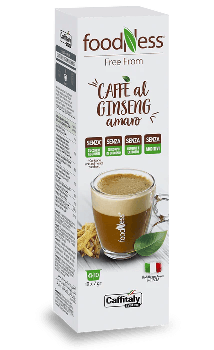 Confezione Foodness caffè al ginseng amaro senza zuccheri, sciroppo di glucosio, glutine, additivi, con tazza di caffè e radice di ginseng