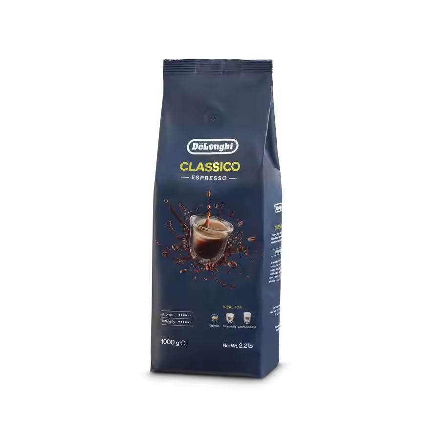 Sacchetto blu da 1 kg di caffè DeLonghi Classico Espresso con grafica tazzina caffè cremoso
