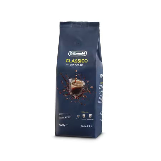 Sacchetto blu da 1 kg di caffè DeLonghi Classico Espresso con grafica tazzina caffè cremoso