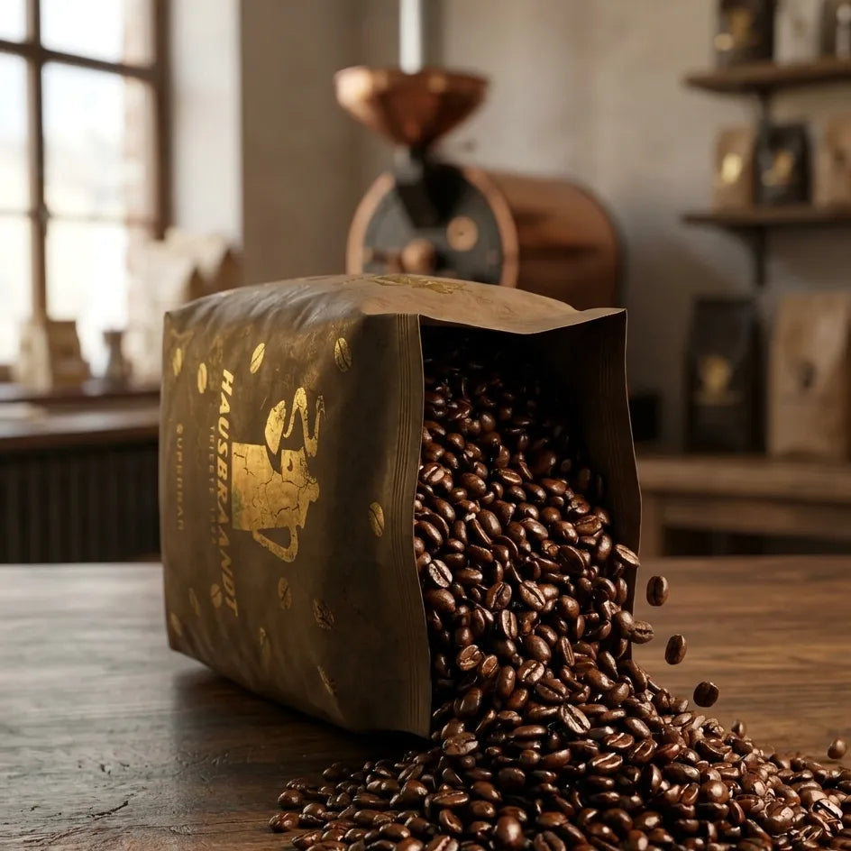 Sacchetto rovesciato di caffè Hausbrandt Superbar con chicchi interi su tavolo in legno di una caffetteria. 