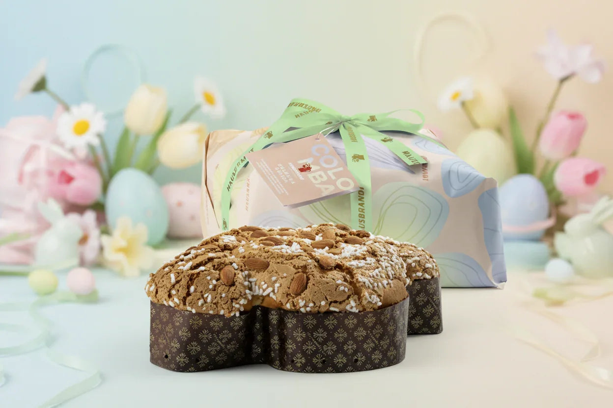 Colomba pasquale tradizionale con mandorle e zucchero, confezione regalo, decorazioni pasquali.
