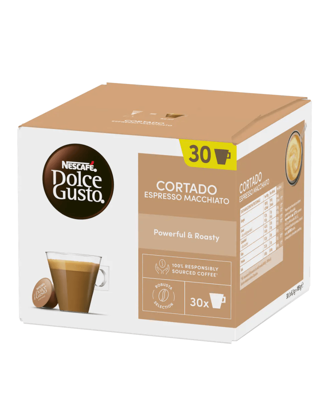 Confezione Nescafé Dolce Gusto Cortado Espresso Macchiato con 30 capsule, senza zucchero.