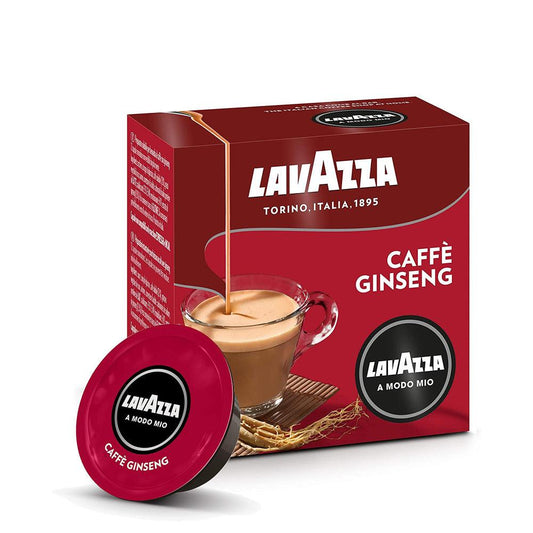 Confezione Lavazza Caffè Ginseng A Modo Mio con capsula rossa e tazza di caffè con crema