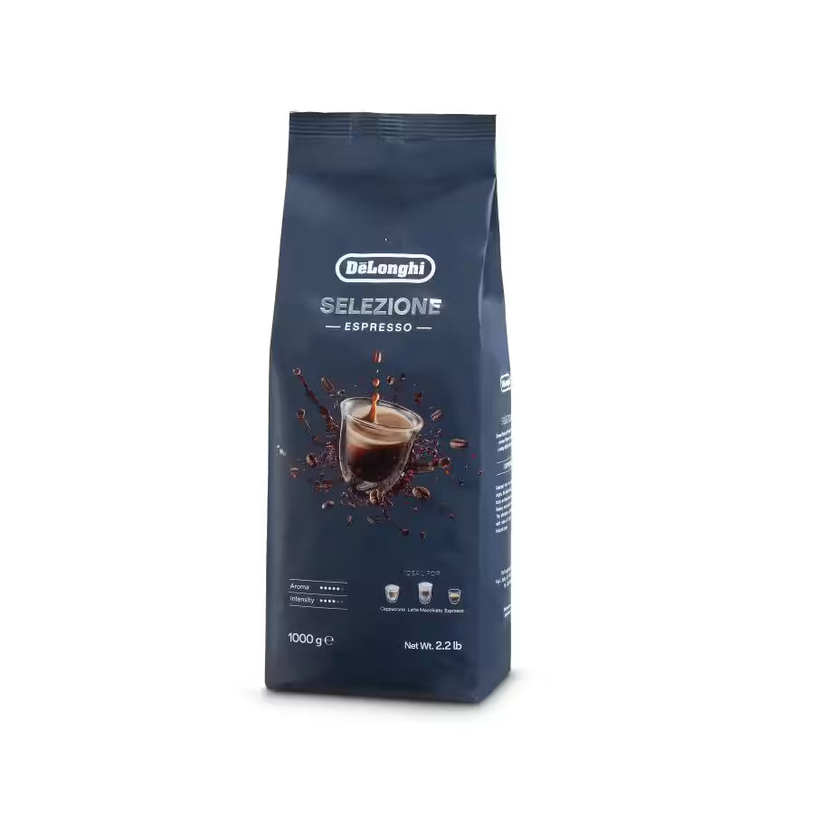 Confezione da 1000g caffè espresso DeLonghi Selezione con immagine di tazza e chicchi di caffè