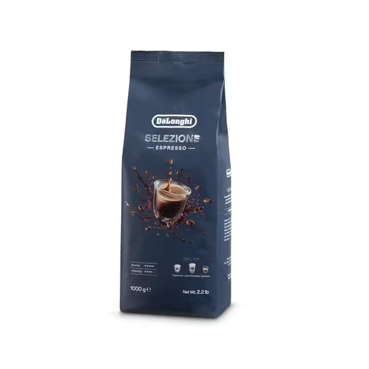 Confezione da 1000g caffè espresso DeLonghi Selezione con immagine di tazza e chicchi di caffè