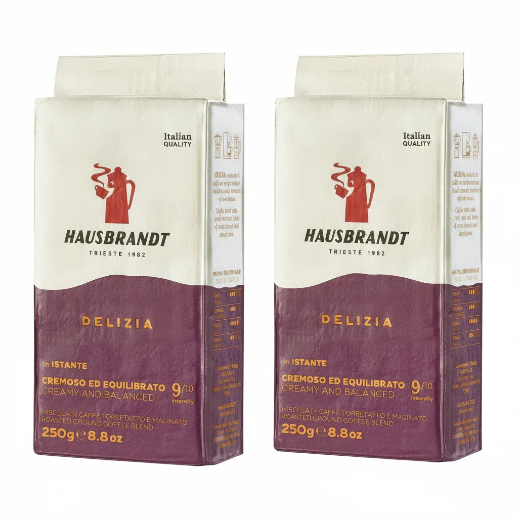 Due confezioni di caffè macinato Hausbrandt Delizia da 250g in confezione bianca e viola