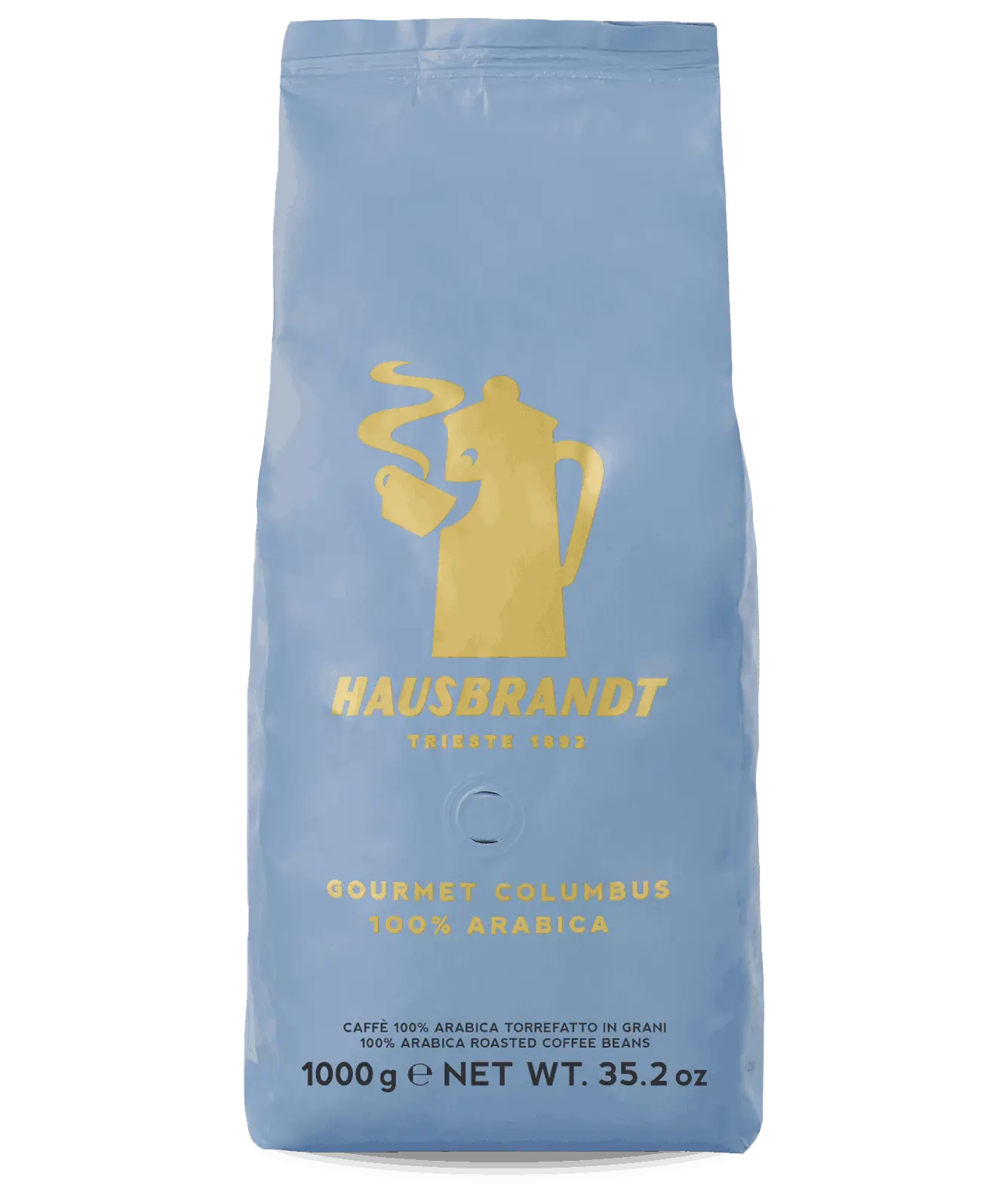 Sacco blu da 1kg di caffè in grani 100% Arabica, Gourmet Columbus, Hausbrandt.