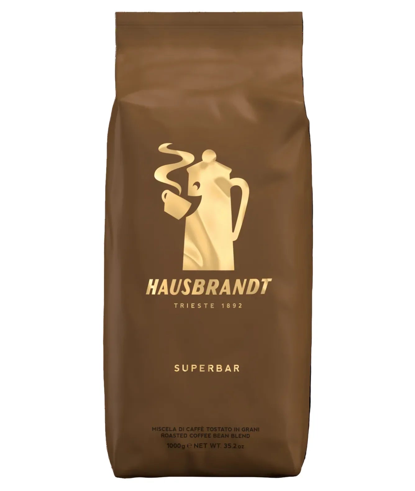 Sacco da 1 kg di caffè in grani Hausbrandt Superbar, confezione marrone, miscela tostata.