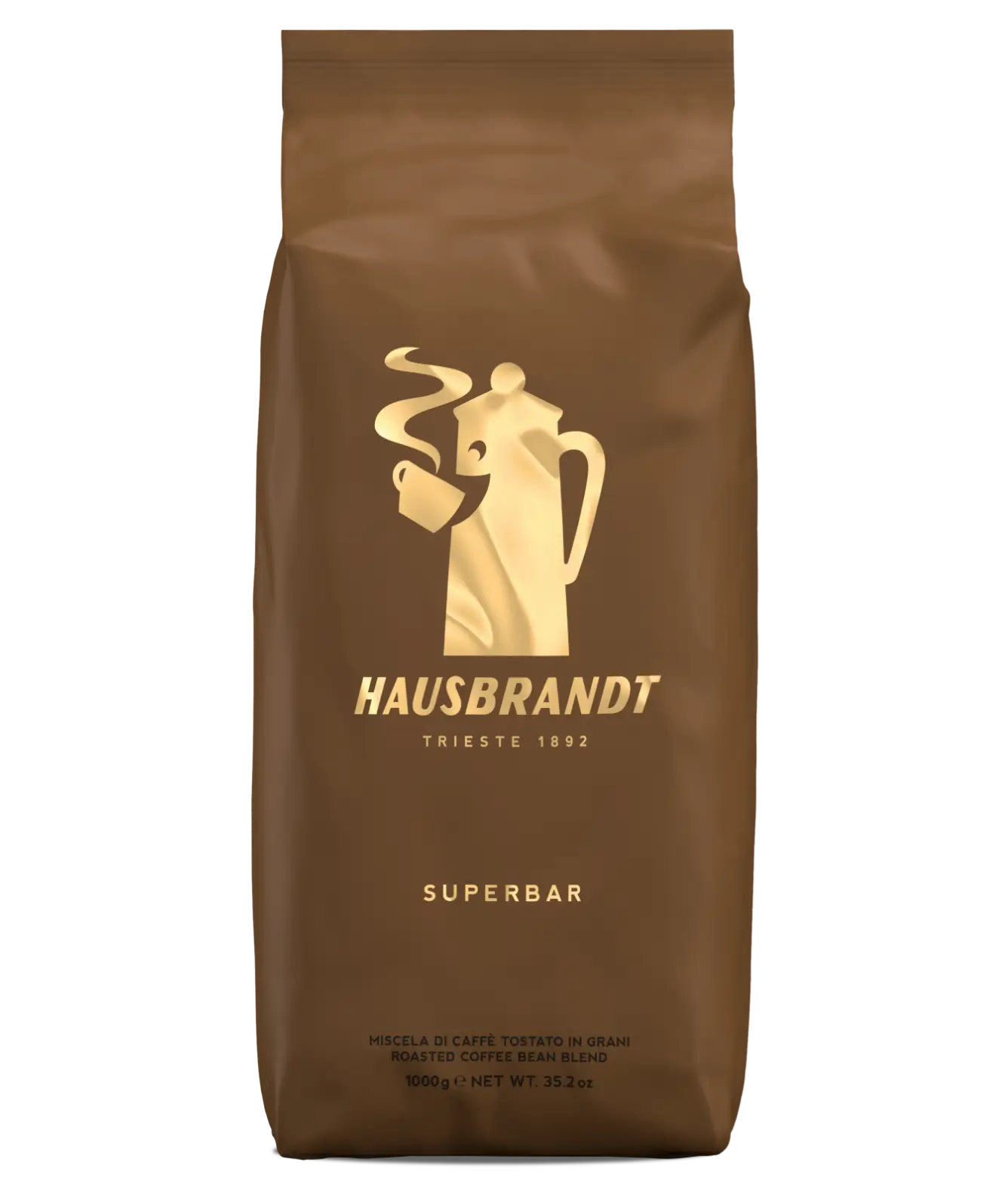 Sacco da 1 kg di caffè in grani Hausbrandt Superbar, confezione marrone, miscela tostata.