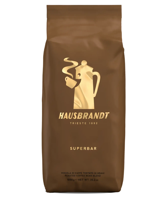 Sacco da 1 kg di caffè in grani Hausbrandt Superbar, confezione marrone, miscela tostata.