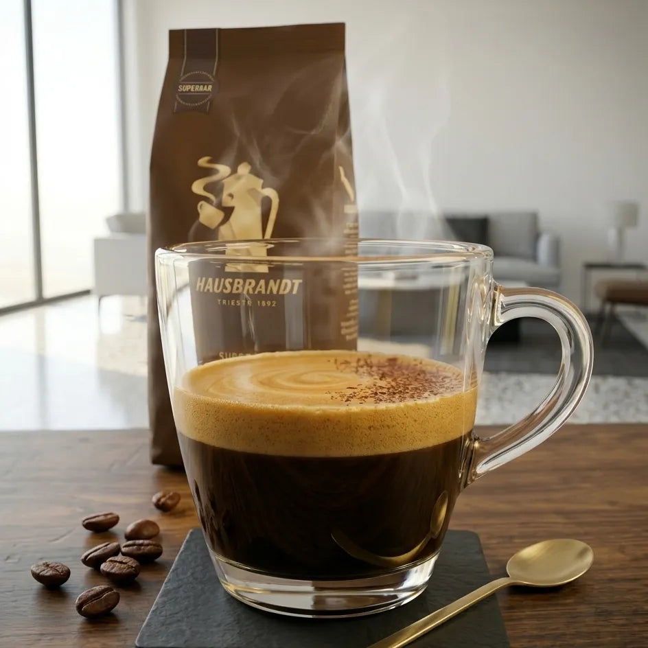 Tazzina di caffè Hausbrandt miscela Superbar fumante e cremosa. 