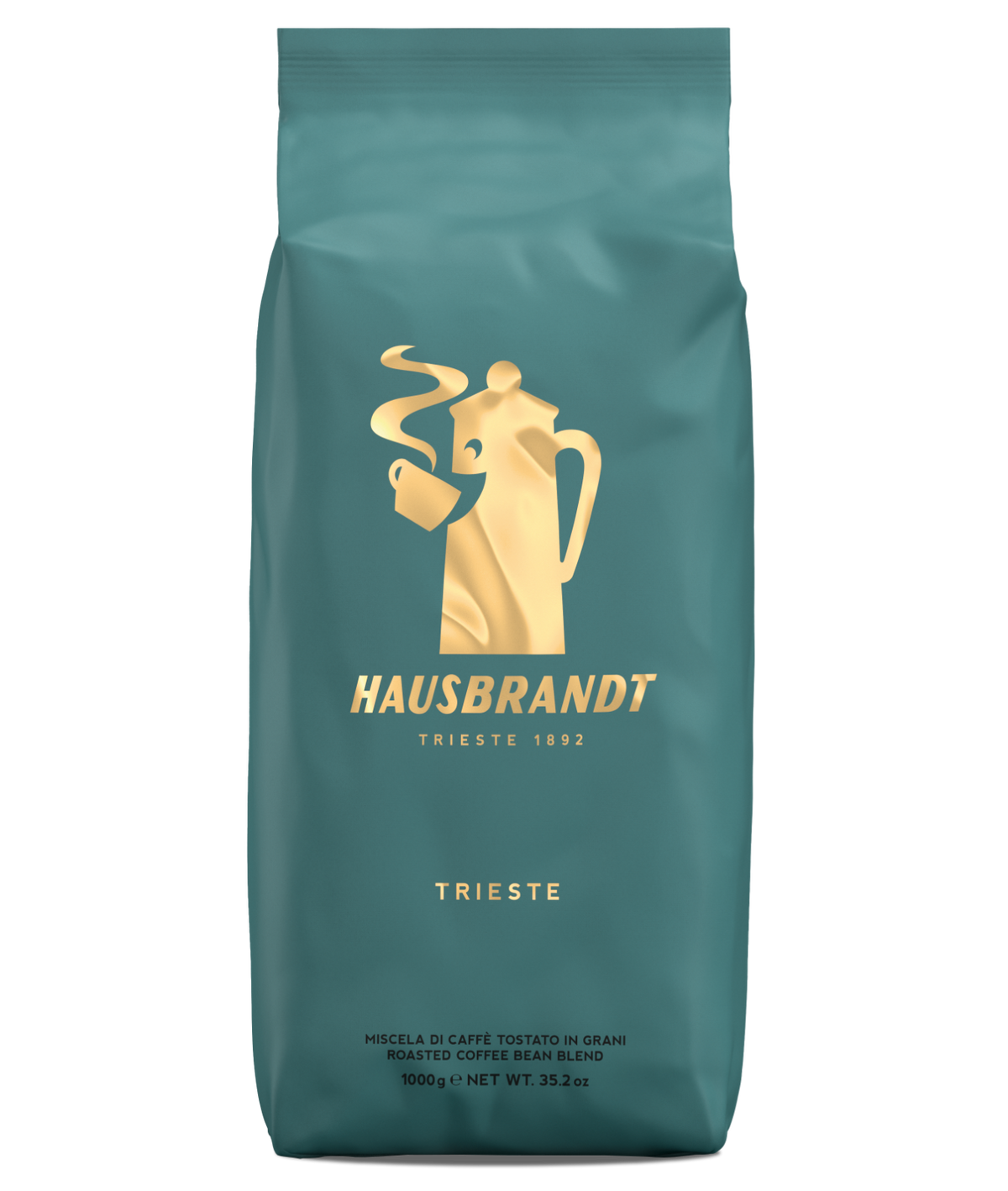Confezione di caffè in grani Hausbrandt Trieste da 1 kg, colore verde petrolio.