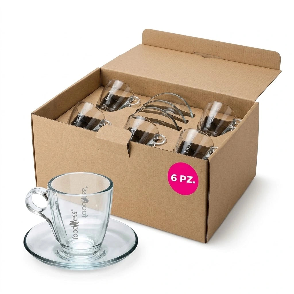 Kit di 6 tazze in vetro per ginseng e solubili FoodNess con piattini in confezione originale