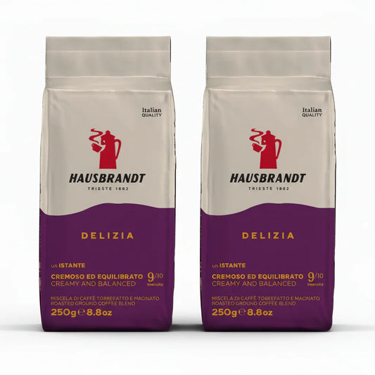 Due confezioni di caffè macinato Hausbrandt Delizia 250g cremoso ed equilibrato.