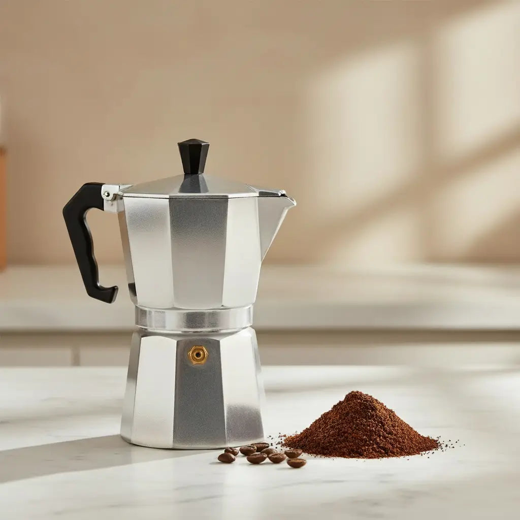 moka classica in acciao su piano cottura chiaro con caffe macinato e chicchi sullo sfondo
