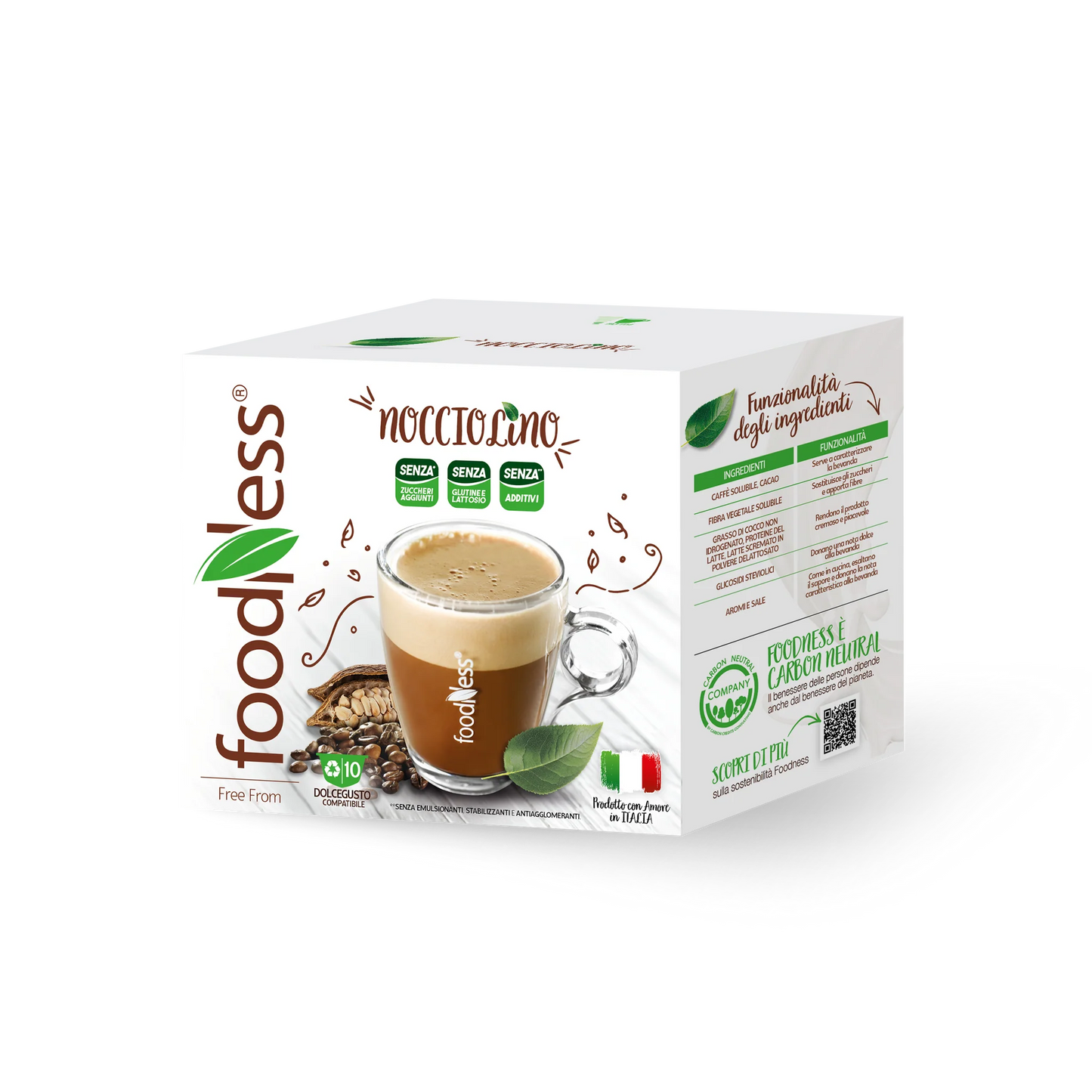 Confezione di capsule Nocciolino Foodness compatibili Dolce Gusto con bevanda alla nocciola e caffè in tazza