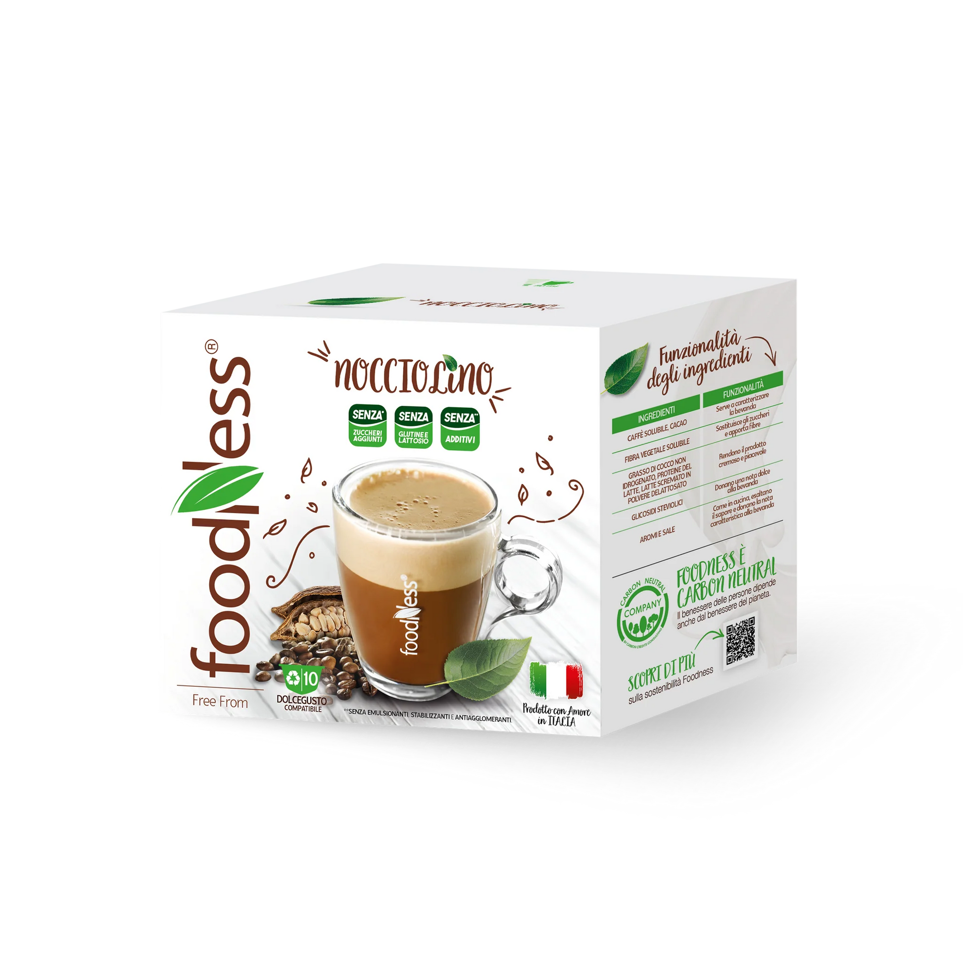 Confezione di capsule Nocciolino Foodness compatibili Dolce Gusto con bevanda alla nocciola e caffè in tazza