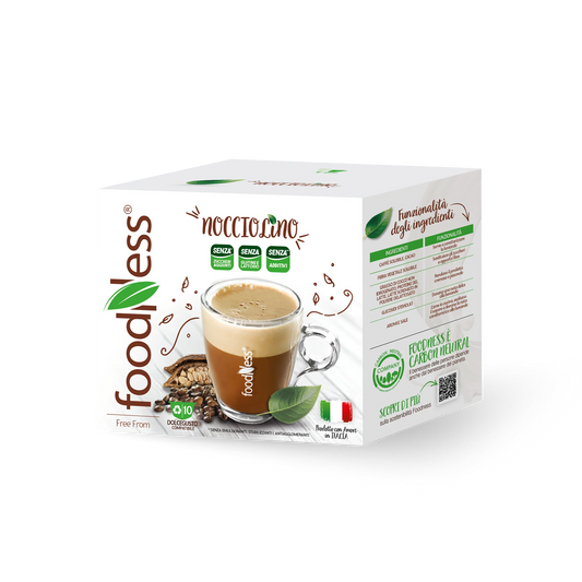 Confezione di capsule Nocciolino Foodness compatibili Dolce Gusto con bevanda alla nocciola e caffè in tazza