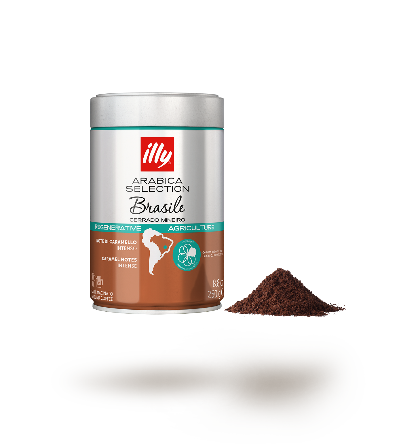 Barattolo caffè macinato Illy Arabica Selection Brasile Cerrado Mineiro con polvere di caffè