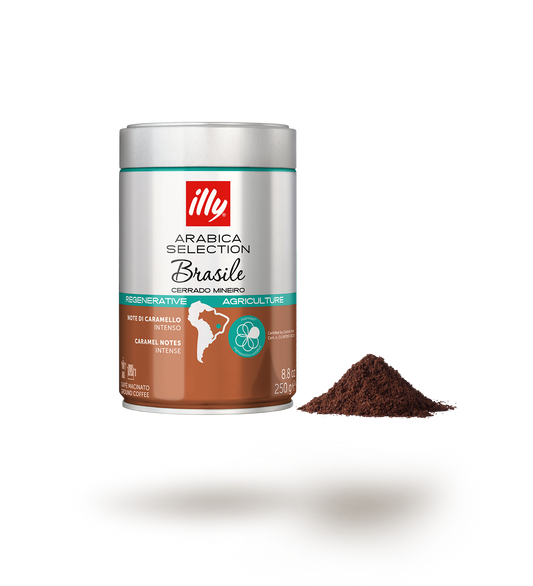 Barattolo caffè macinato Illy Arabica Selection Brasile Cerrado Mineiro con polvere di caffè