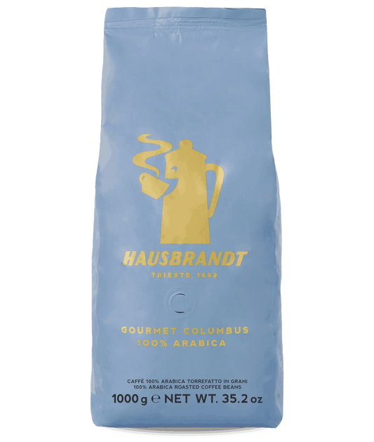 Sacco blu da 1kg di caffè in grani 100% Arabica, Gourmet Columbus, Hausbrandt.
