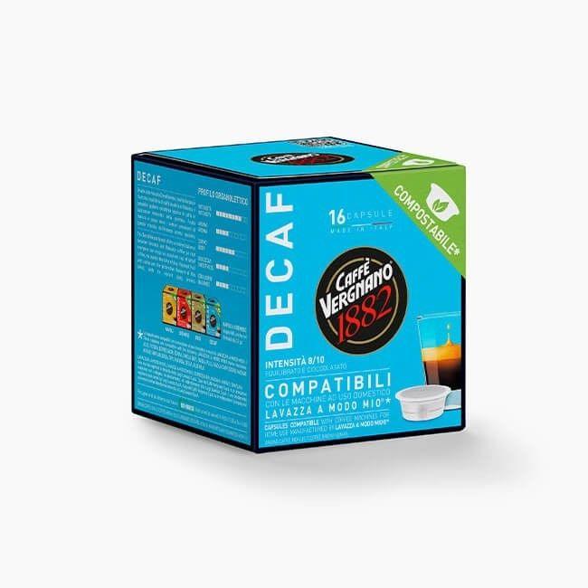 Confezione di capsule decaffeinate Caffè Vergnano 1882 compatibili con macchine Lavazza a Modo Mio, compostabili